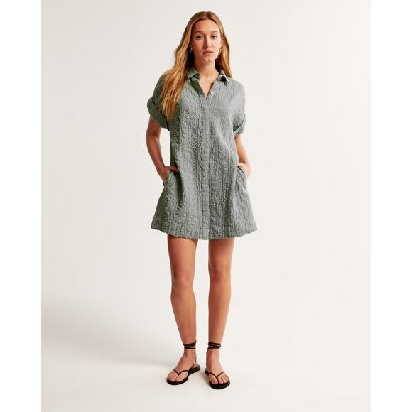 Abercrombie & Fitch Green Textured Mini Shirt Dress Women’s Medium Petite - Picture 1 of 8